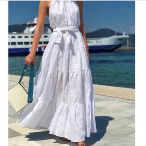 Zara Dresses & Skirts - Zara White Linen Blend Halter Neck Maxi Dress With Adjustable Tie(Size Medium)
